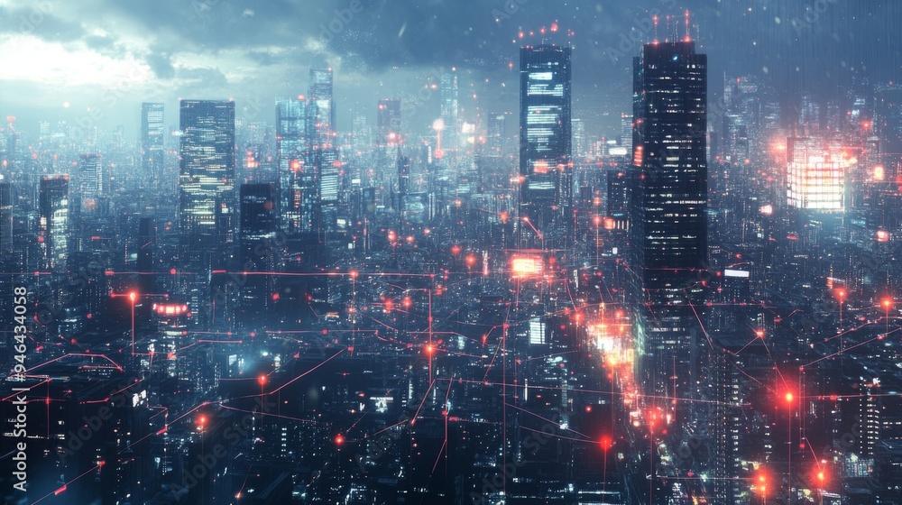 Poster a high-tech cityscape with visible wireless signals and network connections overlaid, illustrating t