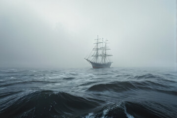 Fototapeta premium Ghost Ship: Fading Sails in the Endless Gray. A Lonely Ship at sea, surrounded by fog, with barely visible sails fading into the endless gray. generative AI