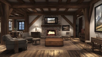 Naklejka premium Rustic farmhouse lounge with exposed wooden beams a stone fireplace and a distressed leather photo frame mockup Cozy and warm interior design with a modern classic touch