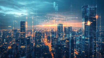 Fototapeta premium Futuristic Cityscape with Digital Overlay at Sunset