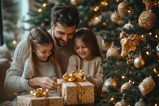 joyful family decorating a festive Christmas tree at home during the holiday season New Year celbration