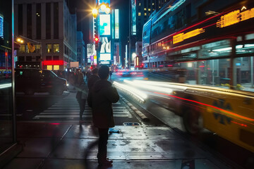 A person standing on a city street at night