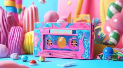 A bright cassette tape rests among colorful sweets and abstract shapes, creating a lively and nostalgic atmosphere full of joy