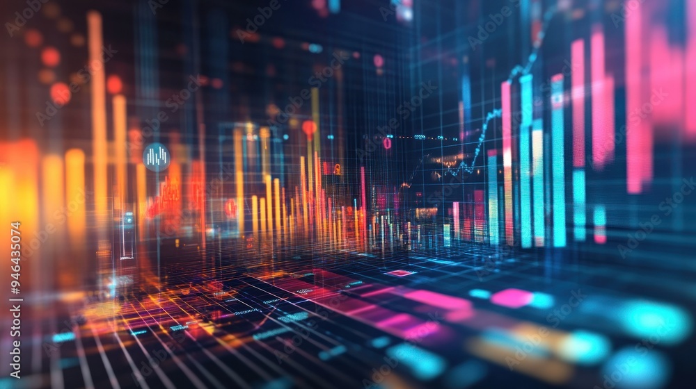 Poster Abstract Data Visualization with Neon Bar Graphs and Grid Pattern