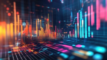 Abstract Data Visualization with Neon Bar Graphs and Grid Pattern