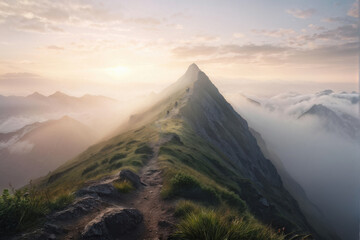 Peak Pursuit: A Glimpse of Climbers Through the Fog. A Mountain Peak emerging from the fog, with barely visible silhouettes of climbers ascending the slope. generative AI