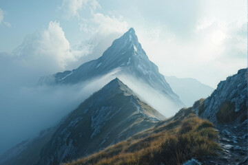 Misty Mountain Ascent: Climbers Reaching the Summit. A Mountain Peak emerging from the fog, with barely visible silhouettes of climbers ascending the slope. generative AI