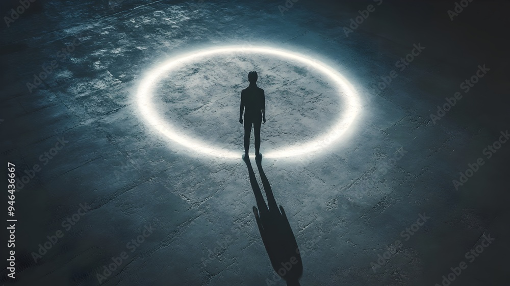 Poster a conceptual image of a luminous halo surrounding an ethereal figure casting long dramatic shadows i