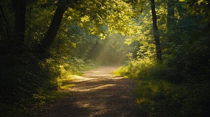 Fototapeta premium A secluded forest trail in the middle of a dense woodland, dappled sunlight filtering through the trees