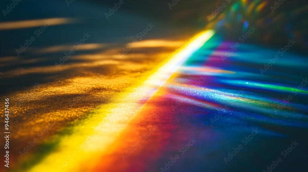 Poster conceptual image of a prism refracting light and creating a vibrant spectrum of colors on a dark min