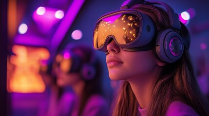 Participants don advanced headsets as they engage in virtual holographic chat rooms, interacting through vibrant avatars in an immersive environment.