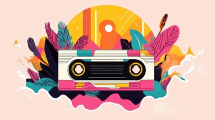 A bright cassette tape surrounded by colorful tropical leaves and abstract shapes creates a lively, retro aesthetic