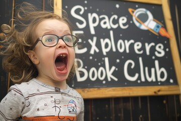 Excited child with tousled hair and glasses, in front of a chalkboard promoting Space Explorers Book Club