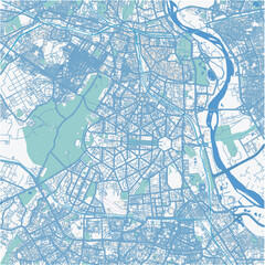 Map of New Delhi in India in blue. Contains layered vector with roads water, parks, etc.