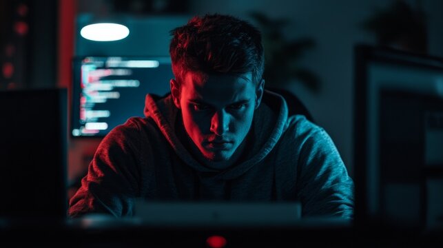 hacker works on computer in the dark