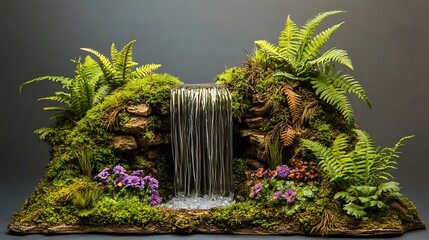 Miniature Waterfall with Moss, Ferns, and Flowers