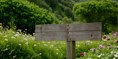A close-up view of a rectangular wooden signpost in a natural setting, surrounded by lush greenery and flowers.