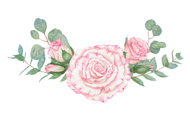 Light pink rose and eucalyptus. Watercolor botanical illustration. Hand drawn clipart, cut out and isolated. Realistic flower frame for delicate wedding prints, cards. Romantic design element.