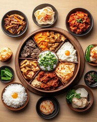 A vibrant and delicious assortment of traditional Asian dishes served in a wooden platter, perfect for culinary enthusiasts.