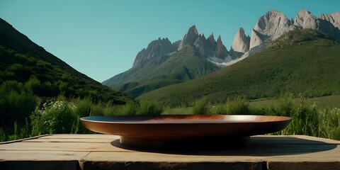 A wooden plate stands in a mountainous region, blending with the natural landscape and dramatic peaks under a clear sky.