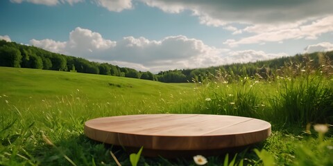 A wooden plate lies in a vibrant meadow, with lush green grass and a beautiful sky filled with fluffy clouds.