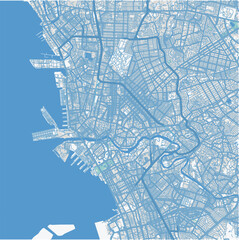 Map of Manila in Philippines in blue. Contains layered vector with roads water, parks, etc.