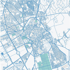 Map of Marrakesh in Morocco in blue. Contains layered vector with roads water, parks, etc.