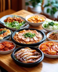 A vibrant spread of delicious Asian dishes, featuring various meats, vegetables, and rich sauces on a wooden table.