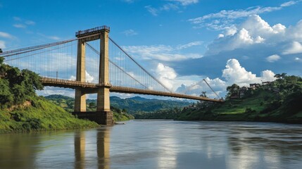 Obraz premium A majestic suspension bridge spanning a wide river, with the bridge cables and towers prominently featured against a backdrop of lush green hills.