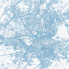 Map of Amritsar in India in blue. Contains layered vector with roads water, parks, etc.