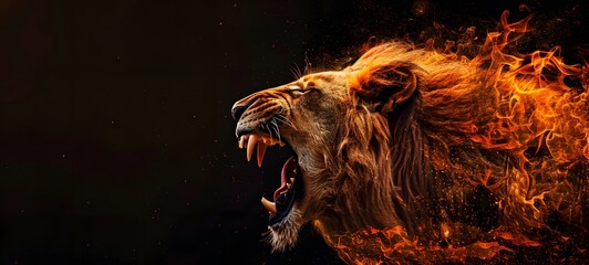 A beautiful lion with glowing eyes seem to dance with flames on fire, the king animal burn art with space concept