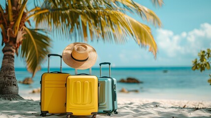 Fototapeta premium Yellow hand luggage suitcase for travel on the sandy beach of a tropical island. Vacations and visiting tourist places.