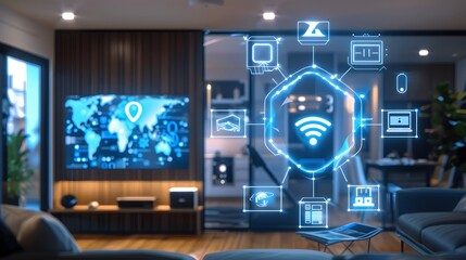 Fototapeta premium Living room integrated with smart home technology, showcasing digital icons for various smart functionalities and home automation.