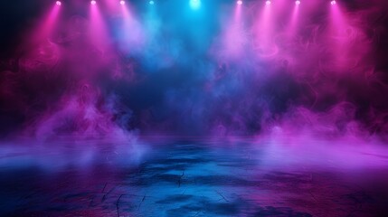 The dark stage shows, empty dark blue, purple, pink background, neon light, spotlights, The asphalt floor and studio room with smoke float up the interior texture for display products
