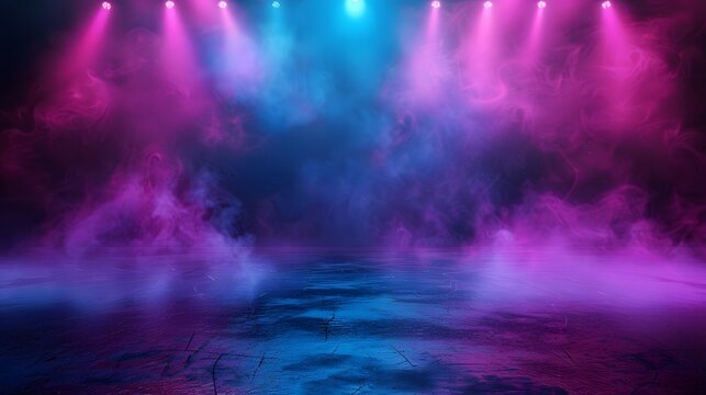 The dark stage shows, empty dark blue, purple, pink background, neon light, spotlights, The asphalt floor and studio room with smoke float up the interior texture for display products