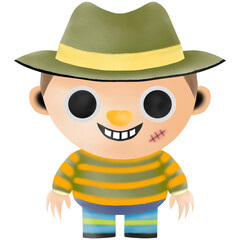 A cheerful Freddy Krueger cartoon character stands confidently, wearing a green hat and a bright striped shirt. The character has big eyes and a bright smile, on a transparent background.