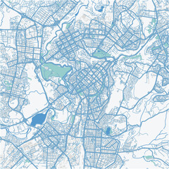 Map of Yerevan in Armenia in blue. Contains layered vector with roads water, parks, etc.