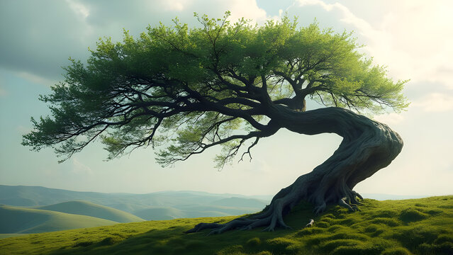 Hilltop Tree Bending in Harsh Windy Environment - Nature's Resilience Against Strong Winds