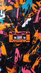 A classic cassette tape is centered against a colorful, abstract backdrop filled with striking brush strokes and vivid hues