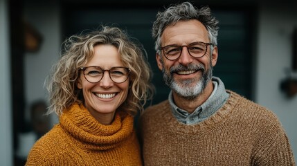 An older couple, both wearing glasses and cozy sweaters, smiles warmly, depicting a sense of happiness, wisdom, and long-lasting companionship.