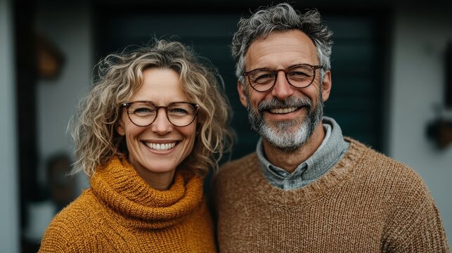 An older couple, both wearing glasses and cozy sweaters, smiles warmly, depicting a sense of happiness, wisdom, and long-lasting companionship.