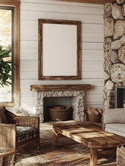 Rustic wooden frame prominently displayed in a farmhouse living room accentuated by shiplap walls a stone fireplace and a mix of earthy and warm accents