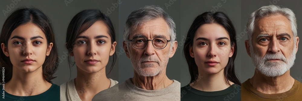 Poster five individuals of different ages and backgrounds display various emotional expressions while posin
