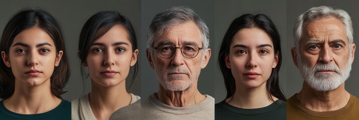 Five individuals of different ages and backgrounds display various emotional expressions while posing for a portrait in a light gray studio. Generative AI
