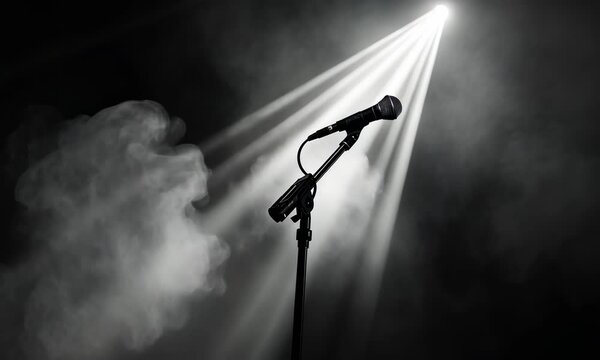 Dramatic black and white lone microphone under a spotlight on an empty stage
