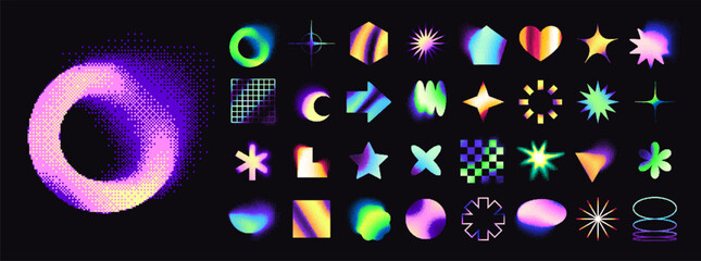 Retro futuristic neon bitmap geometric shapes, abstract y2k aesthetic gradient element with pixel dithering effect. Trendy pixelated halftone brutalism forms, 2-bit graphic elements vector set © Your Local Llamacorn