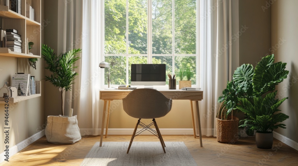 Poster a minimalist home office with a simple desk, a comfortable chair, and a large window allowing ample 