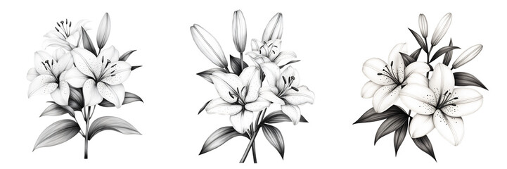 A bouquet of lilies floral collection detailed ink drawing pure white isolated on white and transparent background