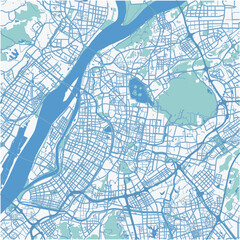 Map of Nanjing in China in blue. Contains layered vector with roads water, parks, etc.