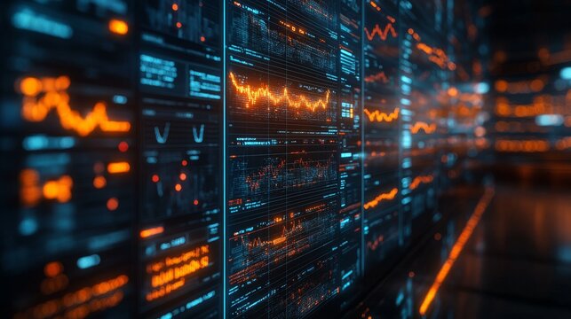 Advanced holographic displays illustrate real-time algorithmic trading and market trends in a futuristic financial environment.